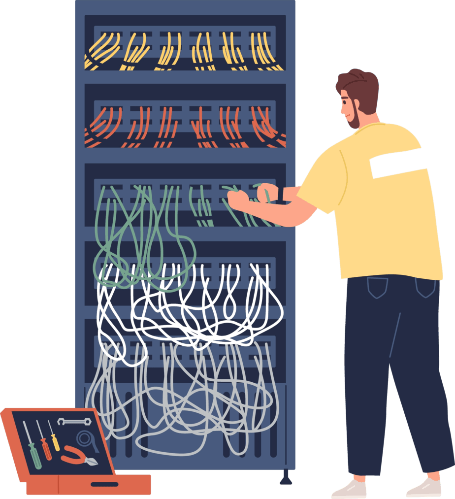 cartoon person patching a data cabinet