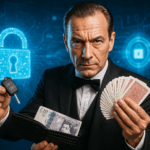 A stern magician in a tuxedo holding a wallet, playing cards, and car keys against a glowing digital lock background, symbolising social engineering in cybersecurity