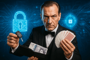 A stern magician in a tuxedo holding a wallet, playing cards, and car keys against a glowing digital lock background, symbolising social engineering in cybersecurity
