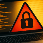 Photo-realistic image of a red cybersecurity warning sign featuring a padlock icon, displayed in front of a laptop screen with coding and binary data, symbolising digital threats to UK businesses.