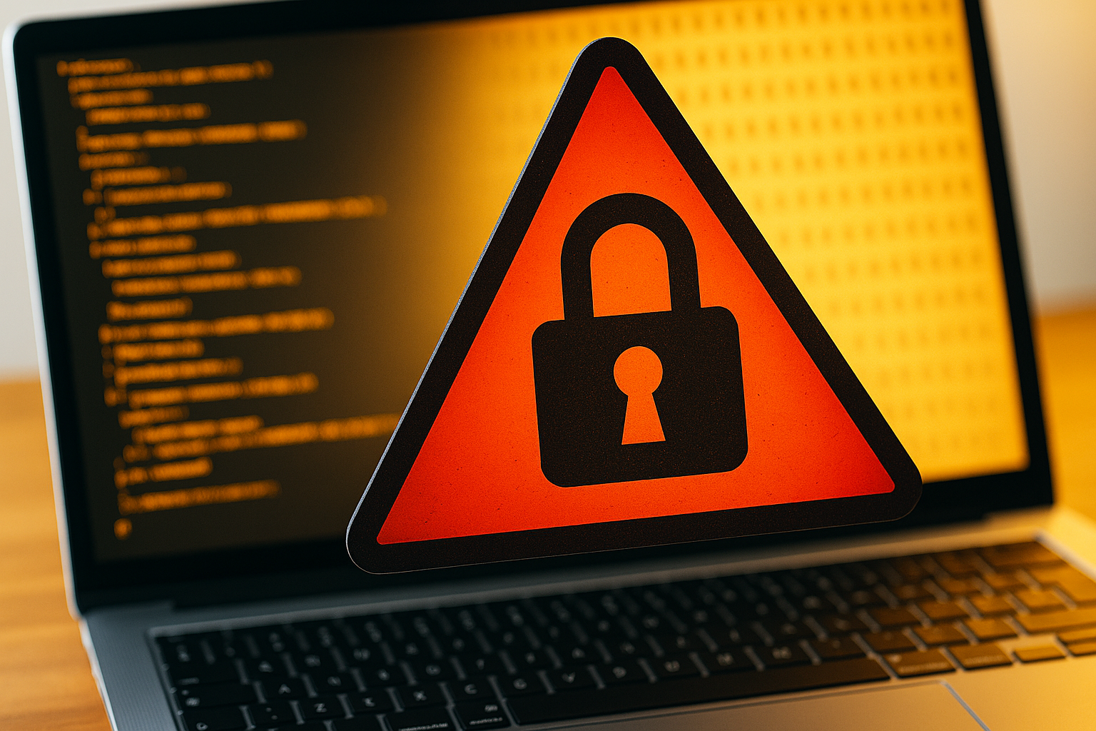 Photo-realistic image of a red cybersecurity warning sign featuring a padlock icon, displayed in front of a laptop screen with coding and binary data, symbolising digital threats to UK businesses.
